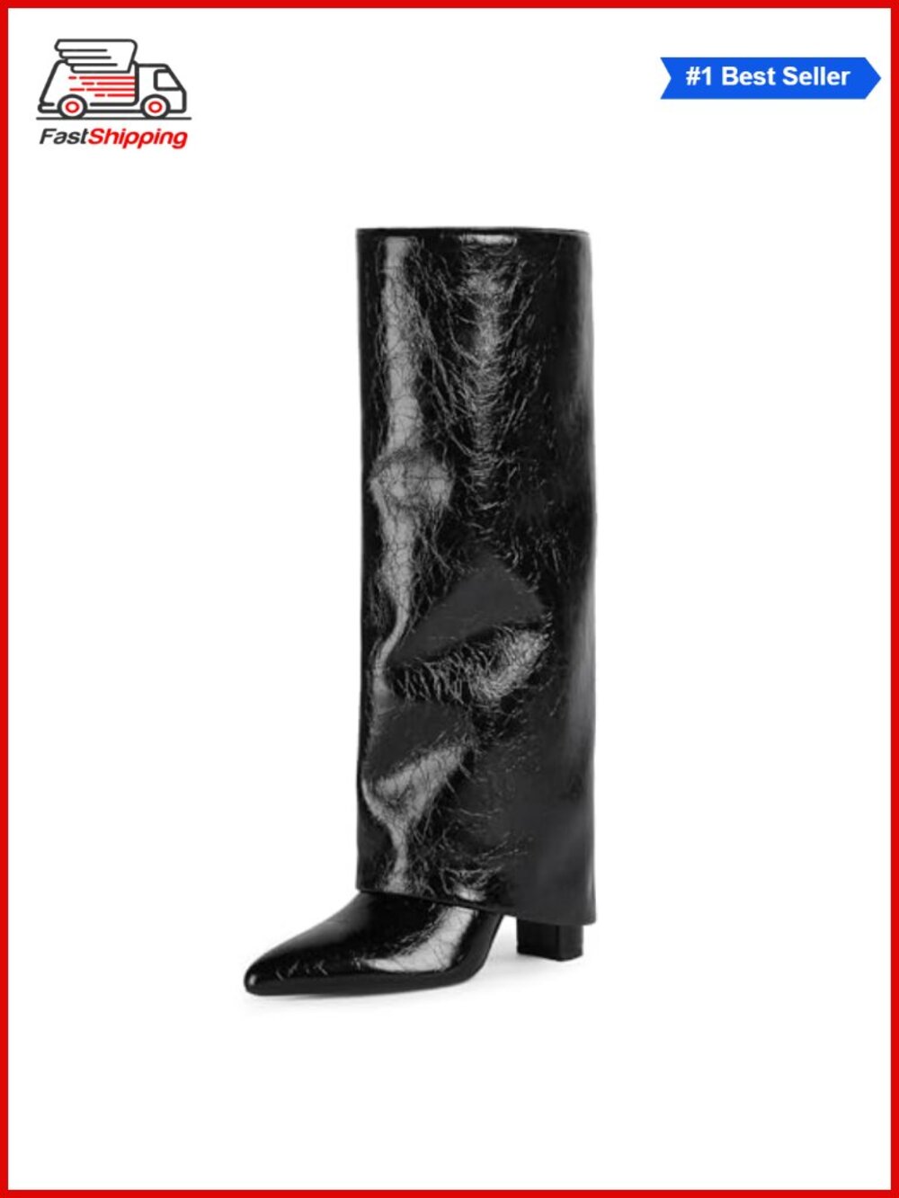 Knee High Boots Women Fold Over Chunky Heel Pointed Toe Tall PU Leather